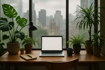 Biophilic home office sanctuary with abundant greenery and panoramic rain-streaked windows overlooking urban landscape