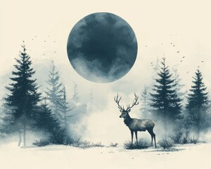 Majestic stag standing in a misty forest under a large moon, serene atmosphere