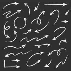 Arrow drawn hand vector line icon set. Hand drawn brush chalk stroke arrow curve, thin pencil scribble shape with vintage charcoal crayon texture. Doodle up down arrow symbol. Vector illustration