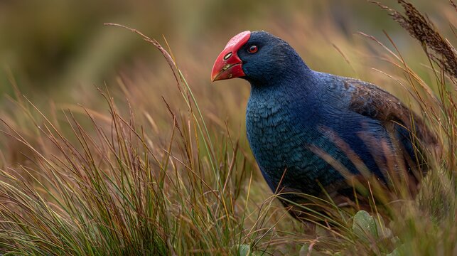 Close up of a pukeko bird with red beak standing in tall grass in a field outdoors