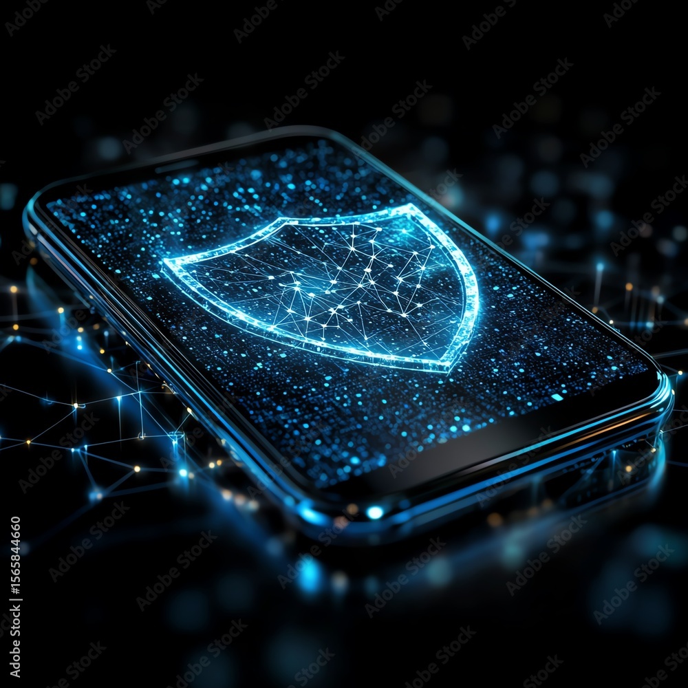Poster a smartphone displays a digital shield symbolizing cybersecurity, with a network of connections, emp