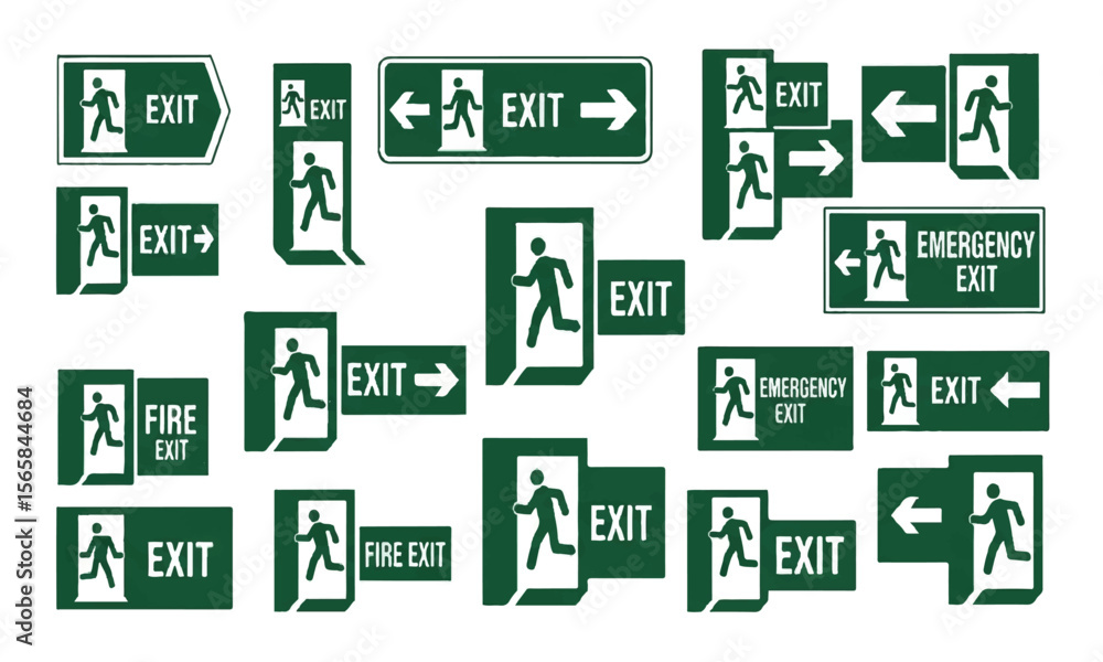 Aufkleber set of exit signs with running man symbol and text 