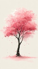 A minimalist digital painting of a single cherry blossom tree in bloom, soft pink hues