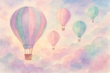 Obraz premium Dreamy watercolor sky with floating pastel hot air balloons and fluffy clouds in soft morning light