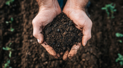 Top view of soil in hands for check the quality of the soil for control soil quality before seed plant. Future agriculture concept. Smart farming, using modern technologies in agriculture