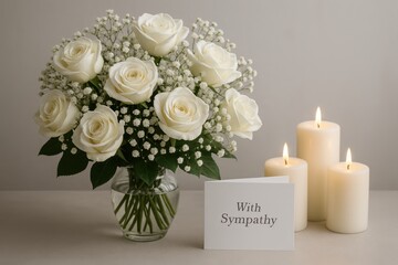 Obraz premium Elegant white rose bouquet memorial arrangement with soft candlelight and sympathy message card