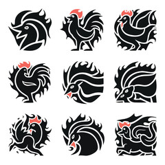 Obraz premium Collection of stylized black roosters with red accents in various poses