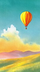 Fototapeta premium A whimsical watercolor illustration of a hot air balloon floating over a colorful field,