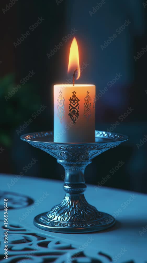 Poster a lit candle sits on a candlestick, creating an intimate and warm atmosphere for a dinner setting.