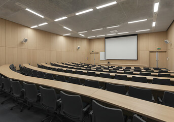 Modern lecture hall with curved rows of desks and a large projection screen, ready for a presentation or class.