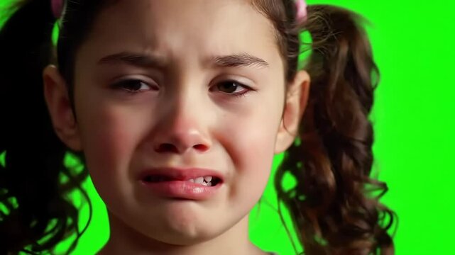 Emotional young girl with tears on a vibrant green background with ai generated