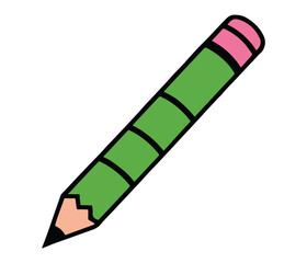 Green Pencil Icon Vector Illustration with Black Stripes, Sharpened Tip, and Eraser on White Background. School stationery, art supply, drawing tool. Simple symbol of creativity. Flat isolated vector 