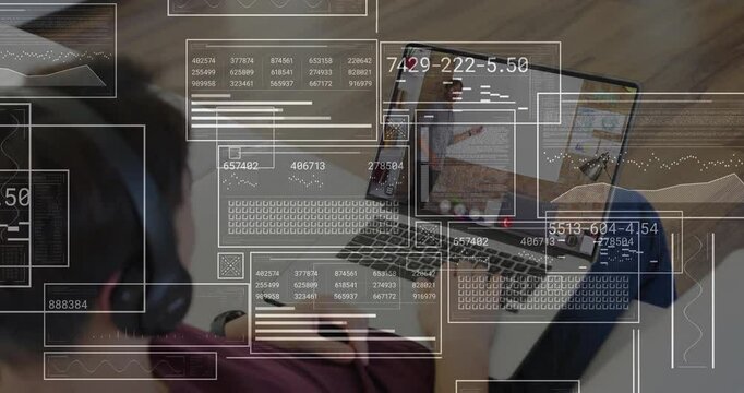 Teenage boy logging into live class on laptop and learning equations with animated numeric overlays - Powered by Adobe