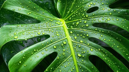 Close-up of a vibrant, wet monstera leaf