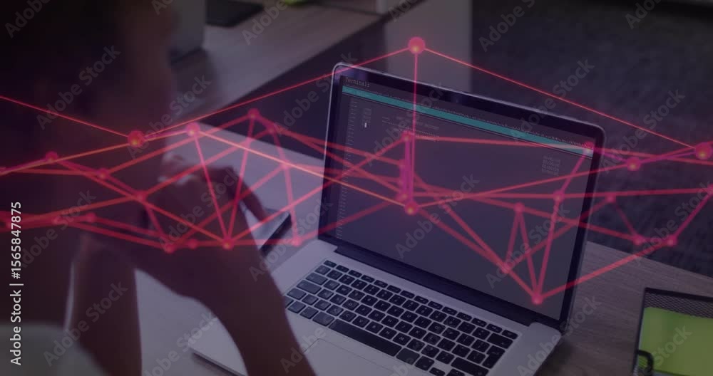 Poster woman viewing code on laptop when red network mesh appearing and pulsing for system analysis