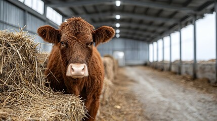 Brown cow stands near hay bales inside a barn with a dirt floor.
