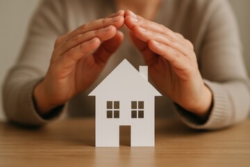 Protective hands gently cupping paper house model symbolizing home insurance security and property protection coverage concepts