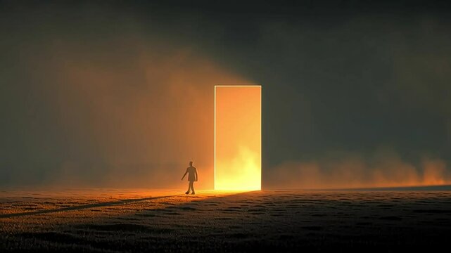 Solitary Figure Standing Before a Mysterious Bright Doorway at Dusk with ai generated