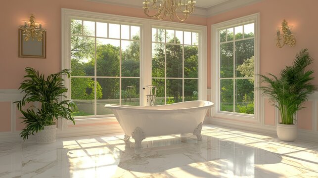Sunlit, pastel pink bathroom with garden view - Powered by Adobe