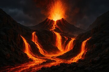 Spectacular volcanic eruption with molten lava flowing down mountainside creating dramatic landscape