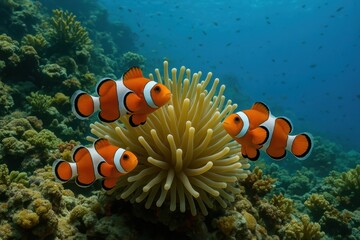 Fototapeta premium Stunning clownfish family nestled in vibrant orange anemone tentacles showcasing perfect marine symbiosis and tropical reef ecosystem