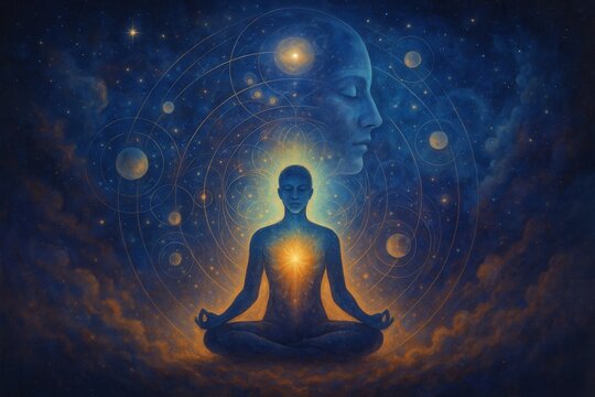 Spiritual past life regression therapy session with ethereal figure in meditation surrounded by cosmic energy and ancient wisdom symbols