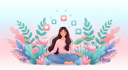 A woman meditates in lotus position surrounded by flowers and social media icons, against a pastel gradient background.