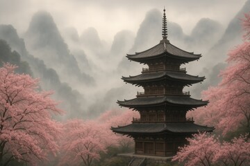 Fototapeta premium Traditional Chinese temple nestled in misty mountains with delicate cherry blossom trees creating serene spiritual atmosphere