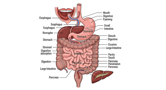 Anatomical illustration of the human digestive system, showing organs like the stomach, intestines, liver, and pancreas.