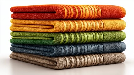 Colorful folded towels stacked on white 