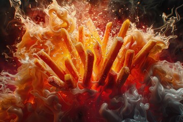 Ultra Hd Image of Explosive Fusion of French Fries and Anatomy in Vibrant Digital Art