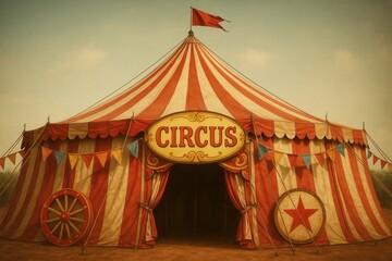Whimsical vintage circus tent with colorful stripes and festive bunting decorations