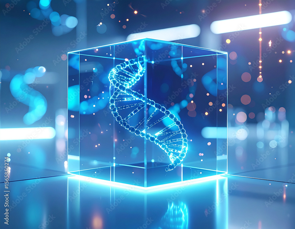 Poster a digitally rendered blue glowing dna double helix structure is encased within a transparent glass c
