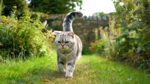 Cat running on grass 