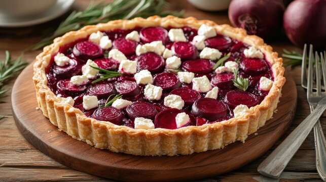 Tart with beets and feta, garnished with fresh rosemary