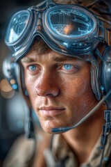 Young pilot wearing futuristic helmet with digital interface