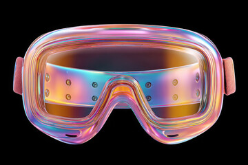 Iridescent ski goggles with reflective lens and pink strap on black