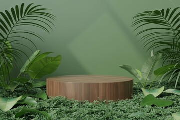 wooden podium for product presentation in lush green forest environment platform in natural green background for empty show product presentation cosmetic products scene with green leaves background