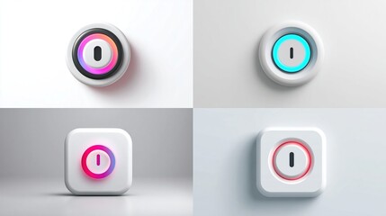 Power Button. Multiple shapes, and illumination, on a white surface, for device interface