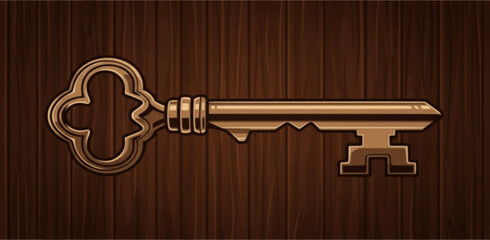 An ornate, golden skeleton key is presented against a dark, wooden panel background.