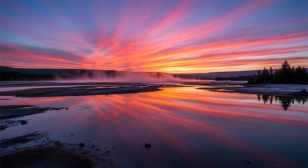Fototapeta premium Mirror-like reflection of sunrise over Yellowstone Lake, pink and orange sky gradient, calm glassy water, wide-angle view,
