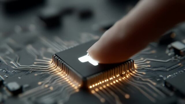 Finger Presses Lighted Megaphone Icon on Dark Microchip with Golden Circuits and Connections Electronic Advertising Concept