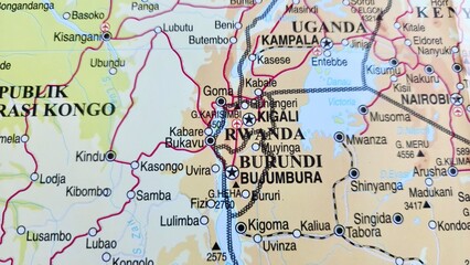 View of Rwanda, on a geographical map of Africa, 