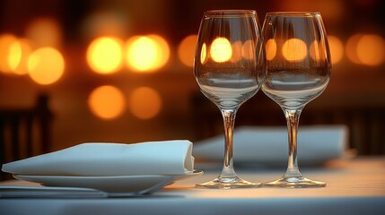 Two wine glasses, napkins, and plates on a restaurant table at night.  Warm, blurred lights in the background
