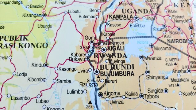 View of Rwanda, on a geographical map of Africa, 