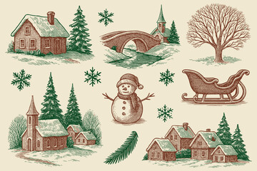 Charming winter village illustration, perfect for christmas greetings, snow covered cottages and snowman
