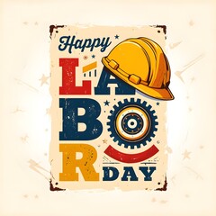 Happy Labor Day: Vintage Retro Style Poster Design with Hard Hat and Gear