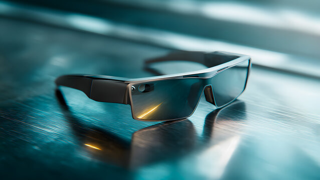 Sleek augmented reality glasses reflecting light on a textured metallic surface - Powered by Adobe