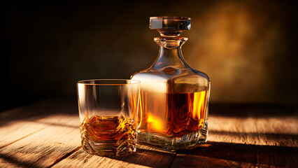Glass and decanter filled with amber liquor on a wooden table. Dark background.