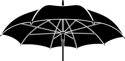 A black and white illustration of an open umbrella, showing its structure.